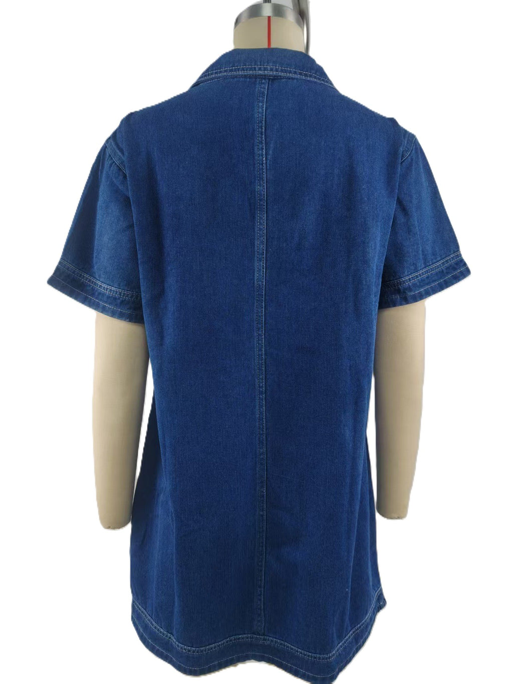 Collared Denim Mini Dress With Short Sleeves - DarkBlue - 2
