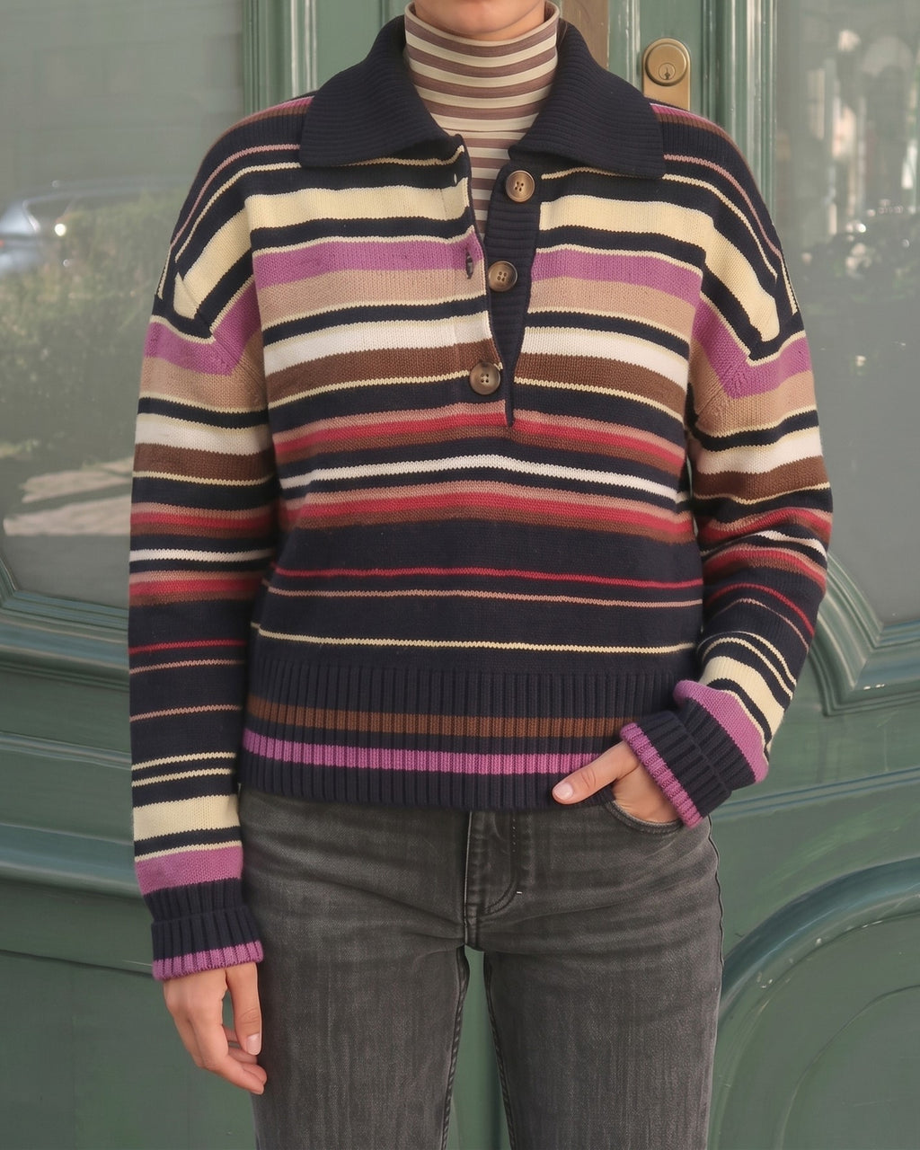 Wide Stripe Half Placket Knit Polo Sweater - Black