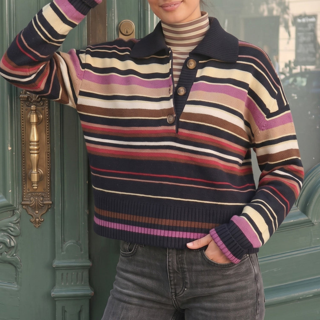 Wide Stripe Half Placket Knit Polo Sweater - Black - 2