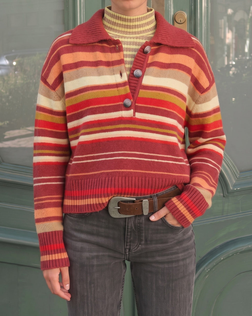 Wide Stripe Half Placket Knit Polo Sweater - Red