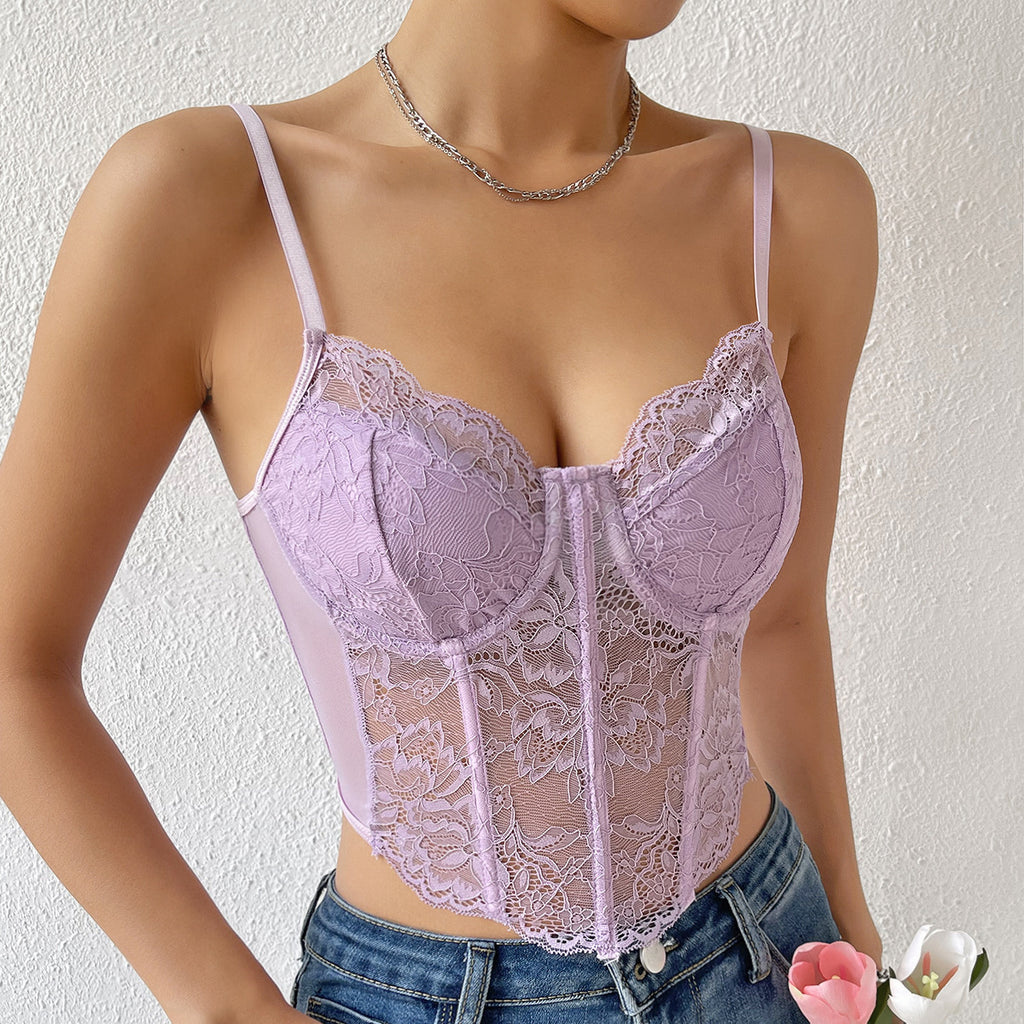 Sheer Lace Bustier Cami With Pointed Hem - Purple - 1
