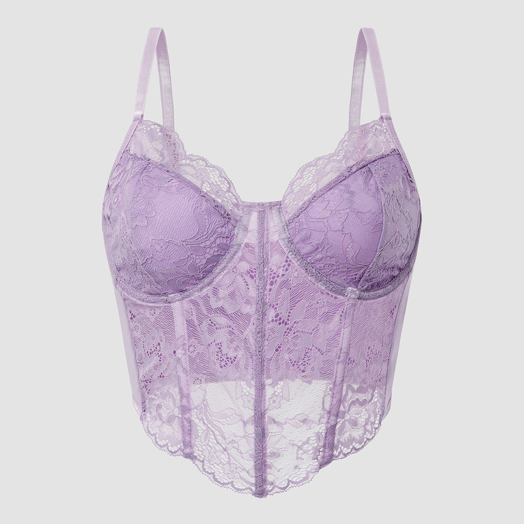 Sheer Lace Bustier Cami With Pointed Hem - Purple - 3