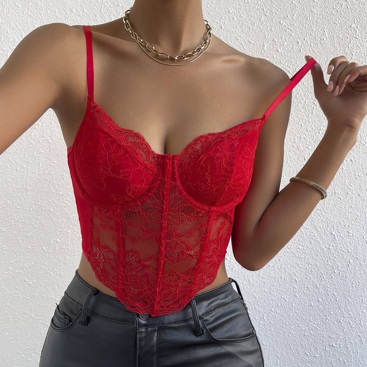 Sheer Lace Bustier Cami With Pointed Hem - Red - 1