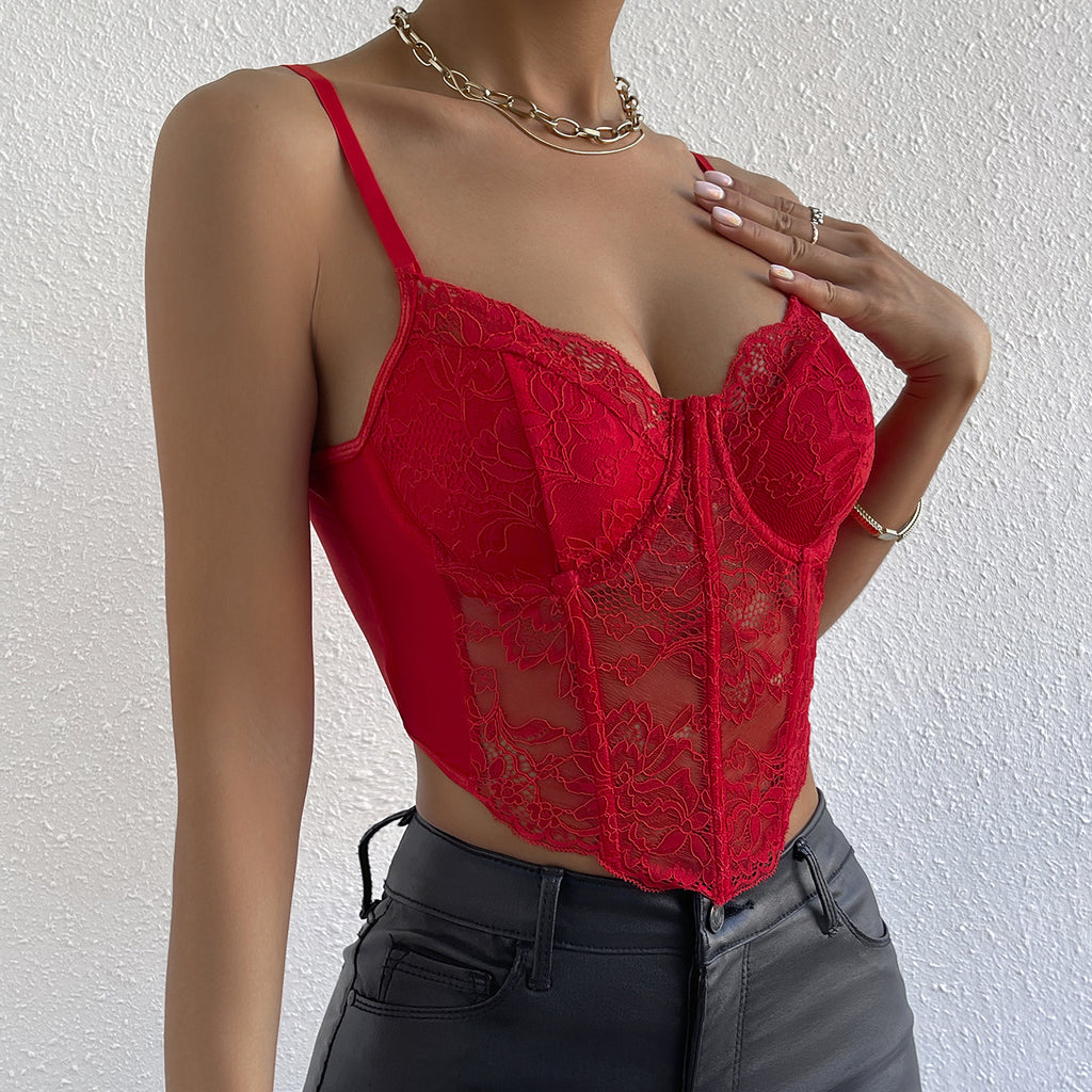 Sheer Lace Bustier Cami With Pointed Hem - Red - 2