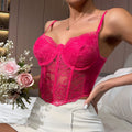 Sheer Lace Bustier Cami With Pointed Hem - Rose Red