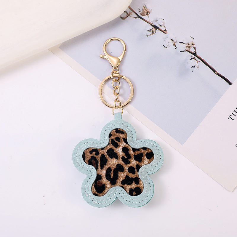 Flower Shaped Leopard Print Bag Charm Keychain - Blue