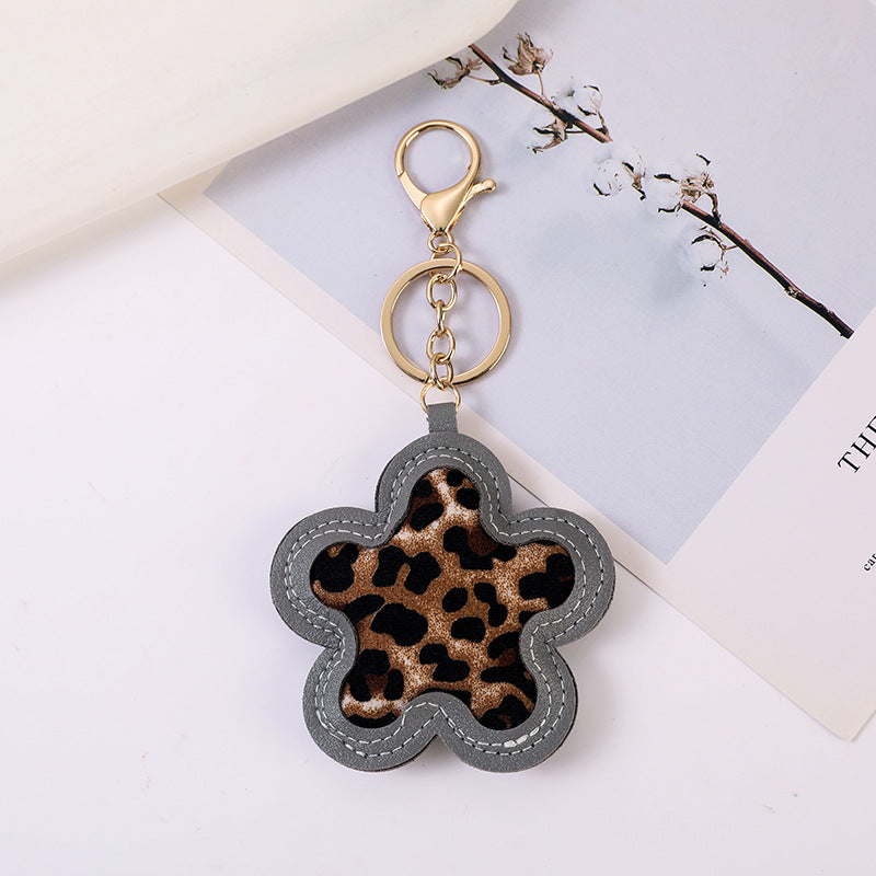 Flower Shaped Leopard Print Bag Charm Keychain - Grey
