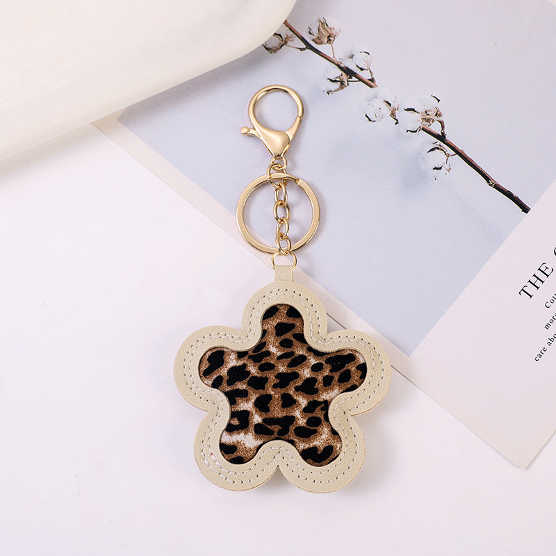 Flower Shaped Leopard Print Bag Charm Keychain - OffWhite