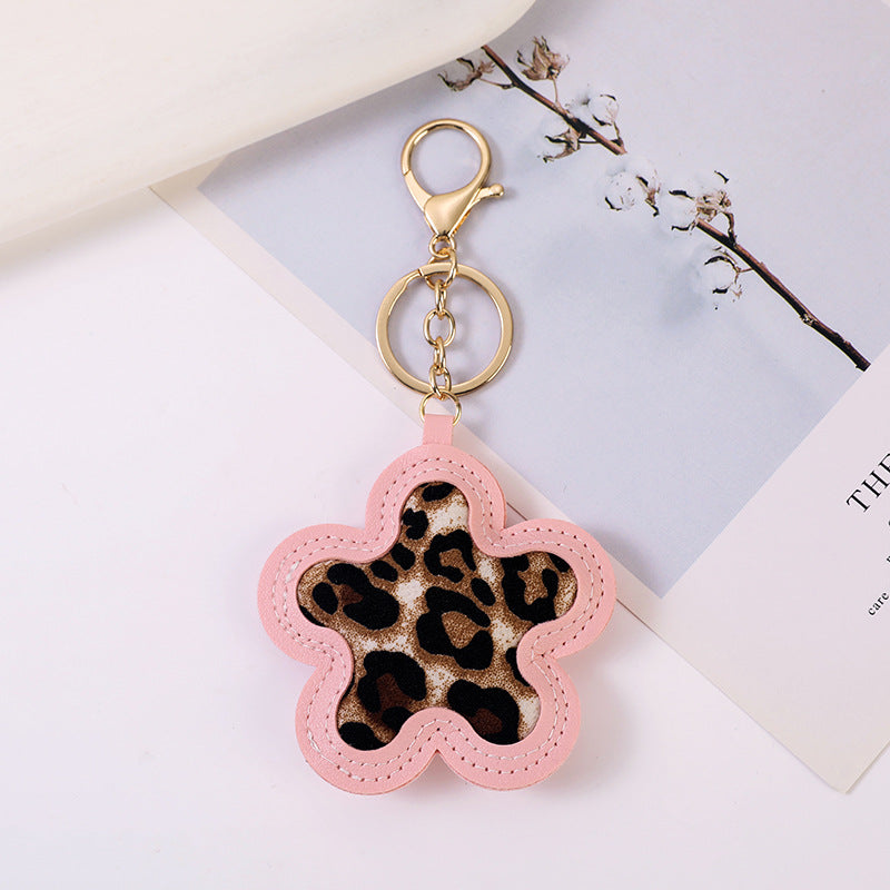 Flower Shaped Leopard Print Bag Charm Keychain - Pink