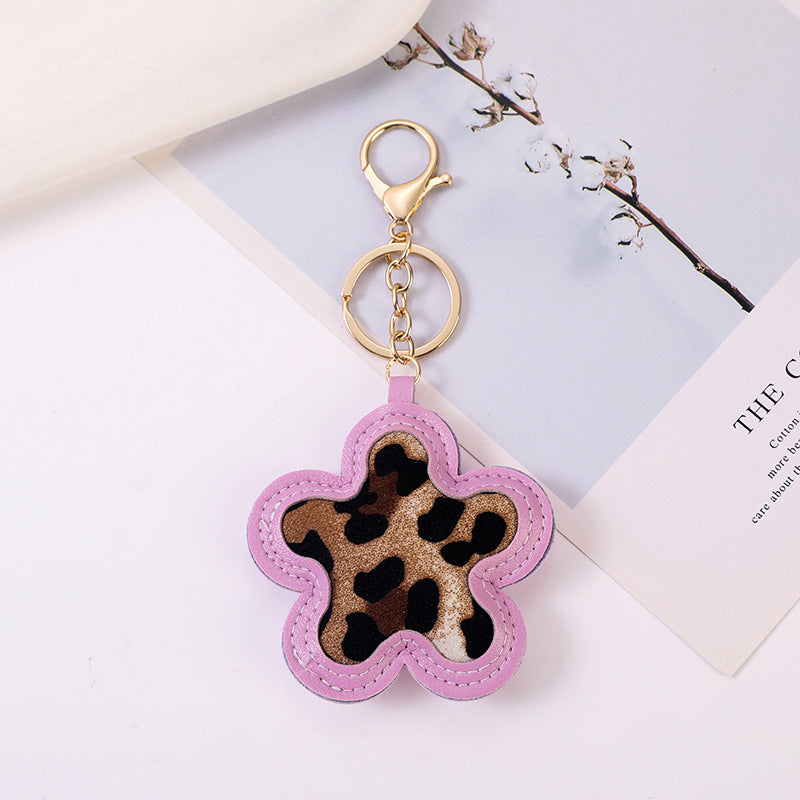 Flower Shaped Leopard Print Bag Charm Keychain - Purple