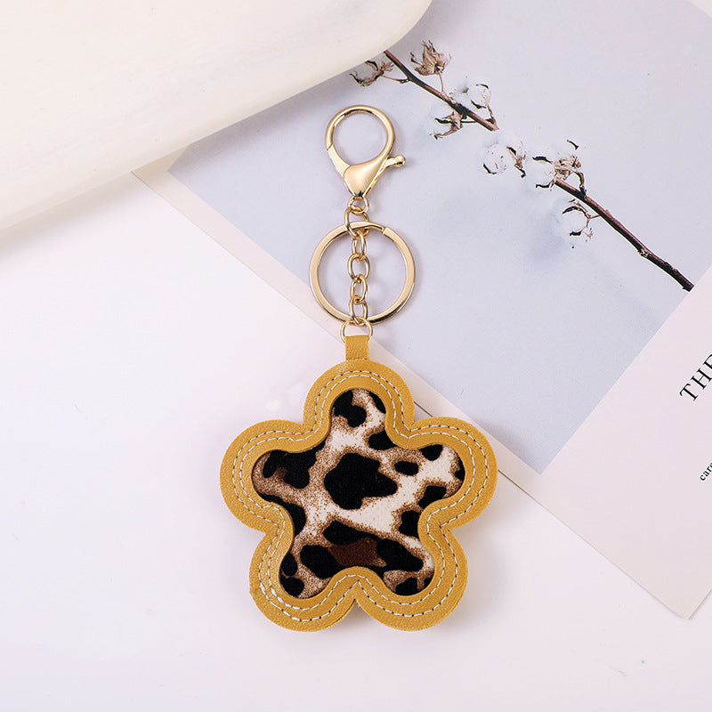 Flower Shaped Leopard Print Bag Charm Keychain - Yellow