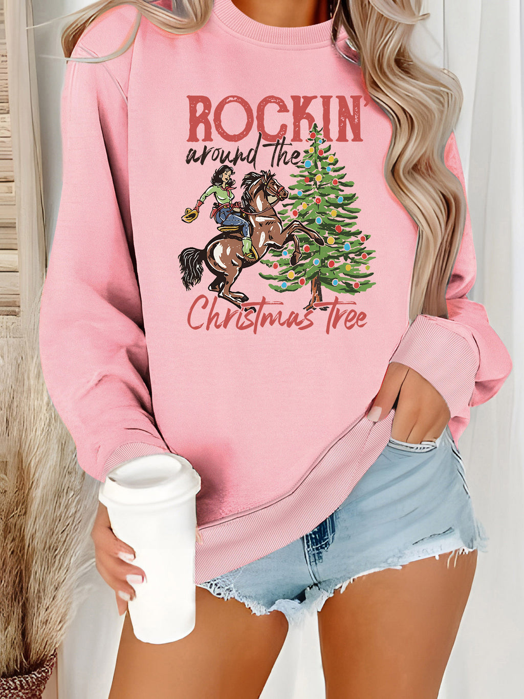 Cowgirl Holiday Print Crewneck Sweatshirt - Pink