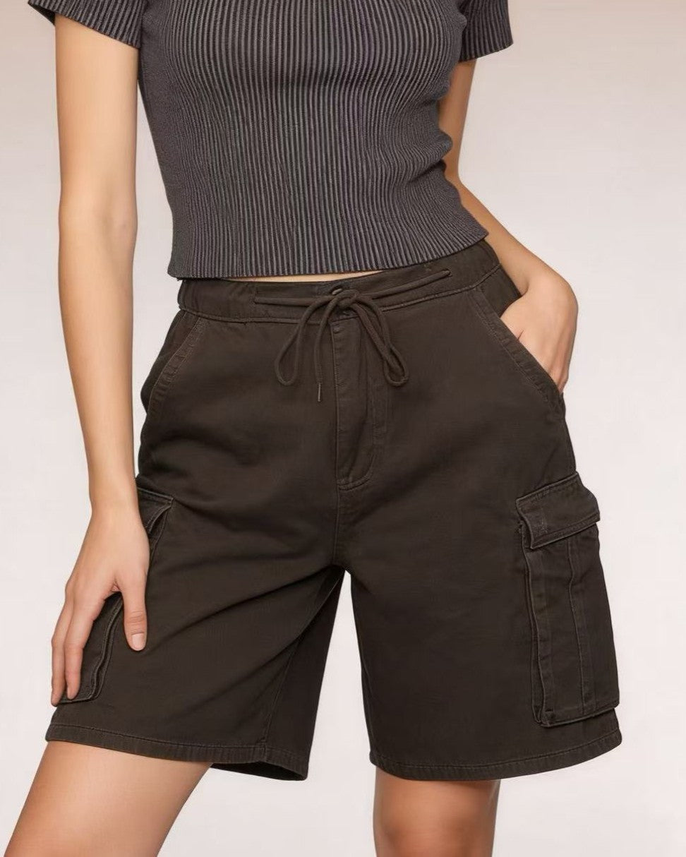 Washed Cargo Bermuda Shorts With Drawstring - Coffee