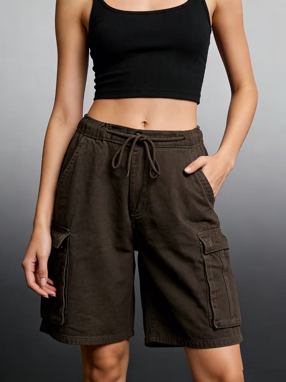 Washed Cargo Bermuda Shorts With Drawstring - Coffee - 1