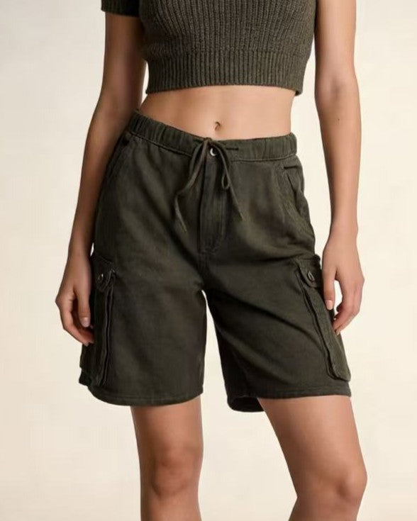 Washed Cargo Bermuda Shorts With Drawstring - MGreen