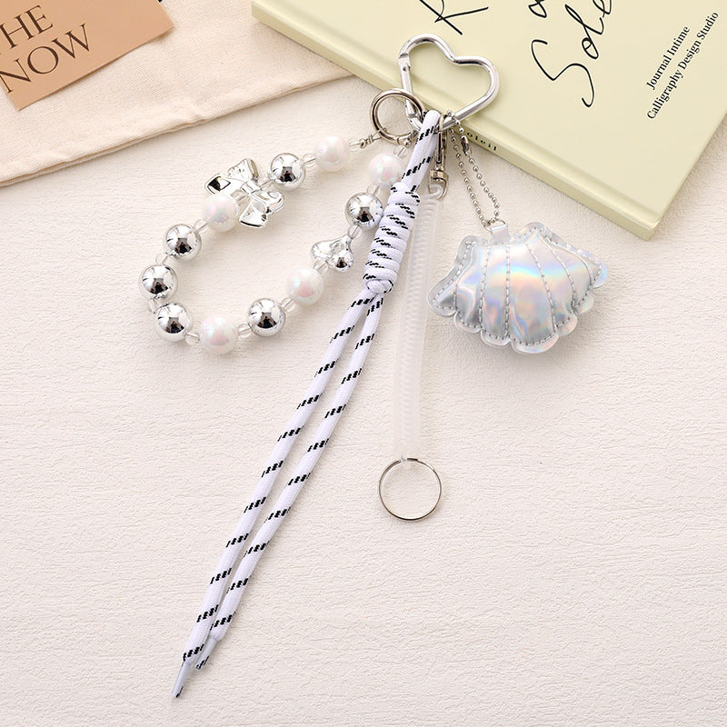 Beaded Shell Charm Bag Pendant Keychain - Silver