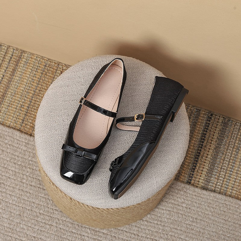 Pleated Satin Bow Mary Jane Ballet Flats - Black