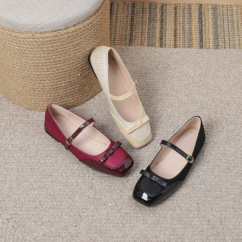 Pleated Satin Bow Mary Jane Ballet Flats
