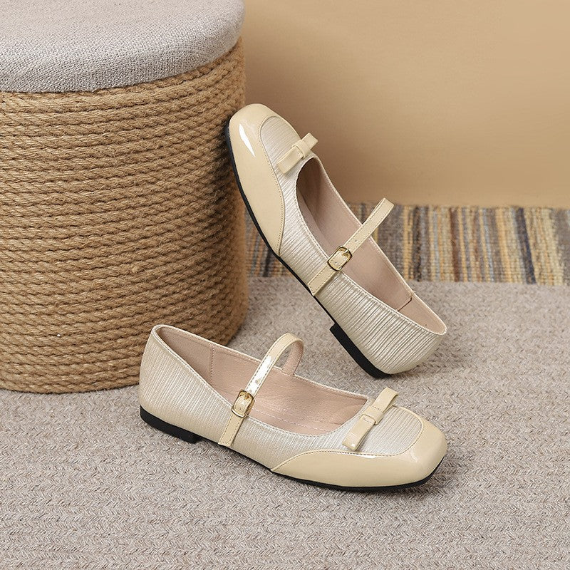 Pleated Satin Bow Mary Jane Ballet Flats