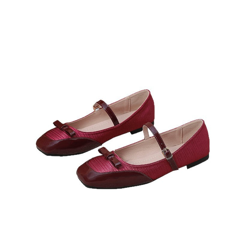 Pleated Satin Bow Mary Jane Ballet Flats