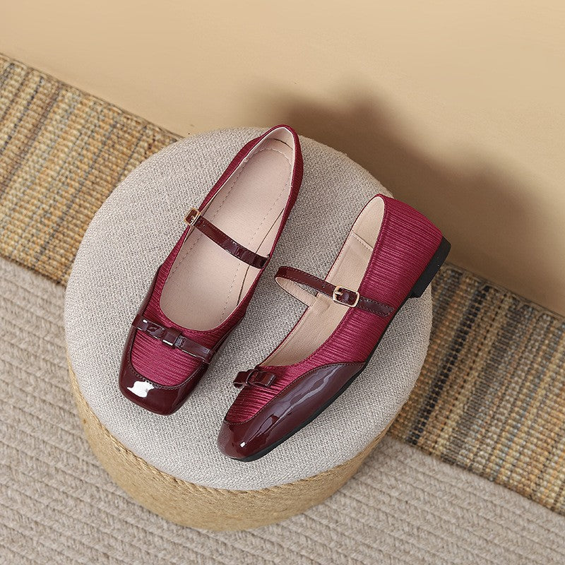 Pleated Satin Bow Mary Jane Ballet Flats