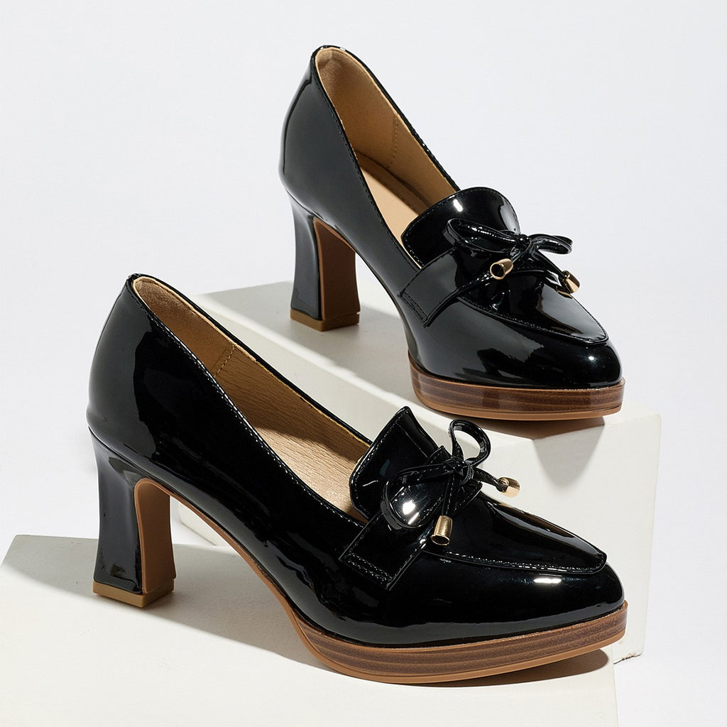 Bow Detail Patent Platform Heeled Loafers - Black