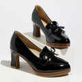 Bow Detail Patent Platform Heeled Loafers - Black