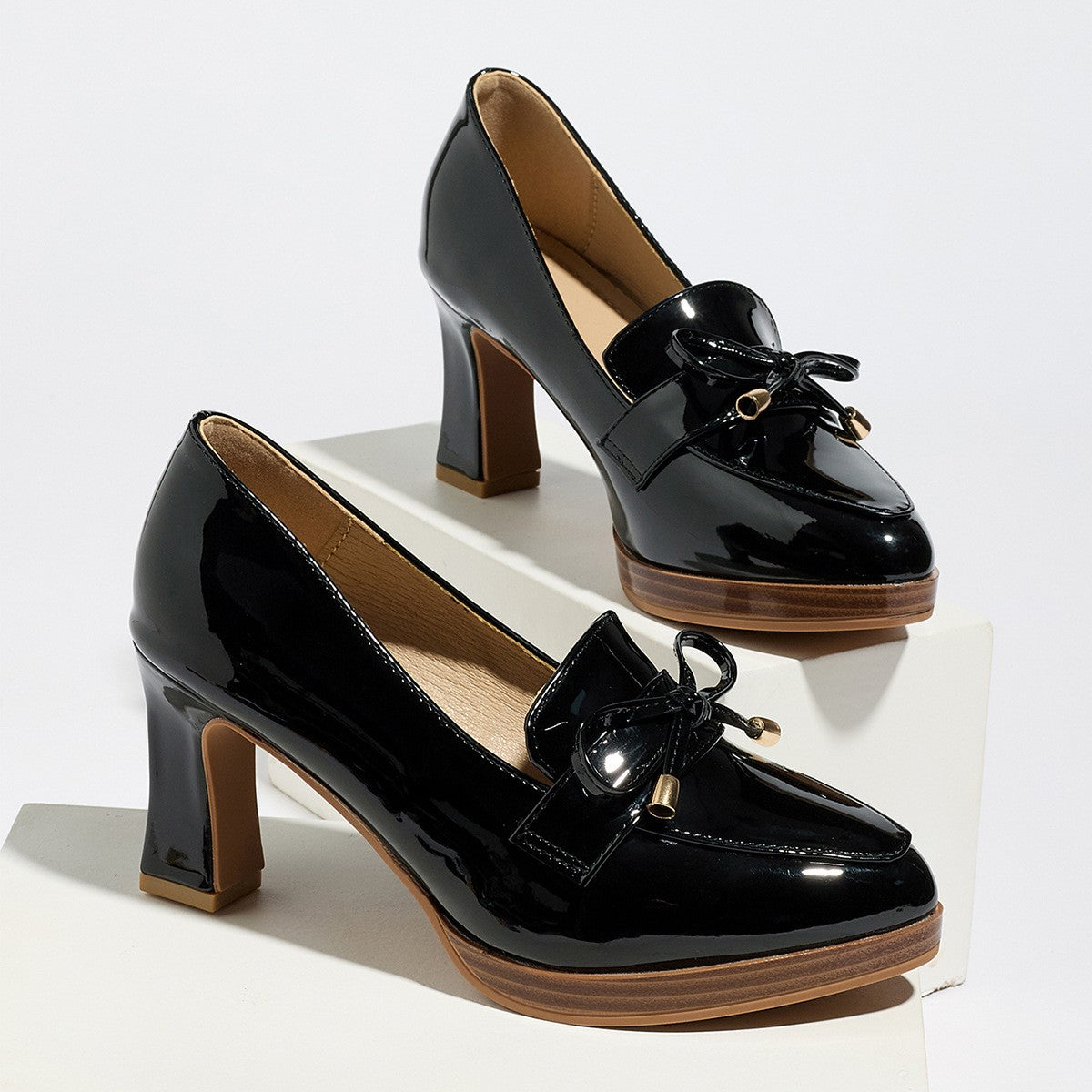 Bow Detail Patent Platform Heeled Loafers - Black