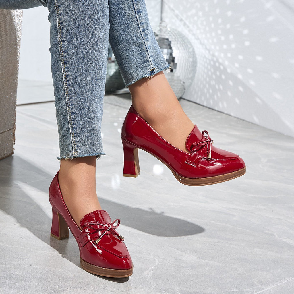 Bow Detail Patent Platform Heeled Loafers