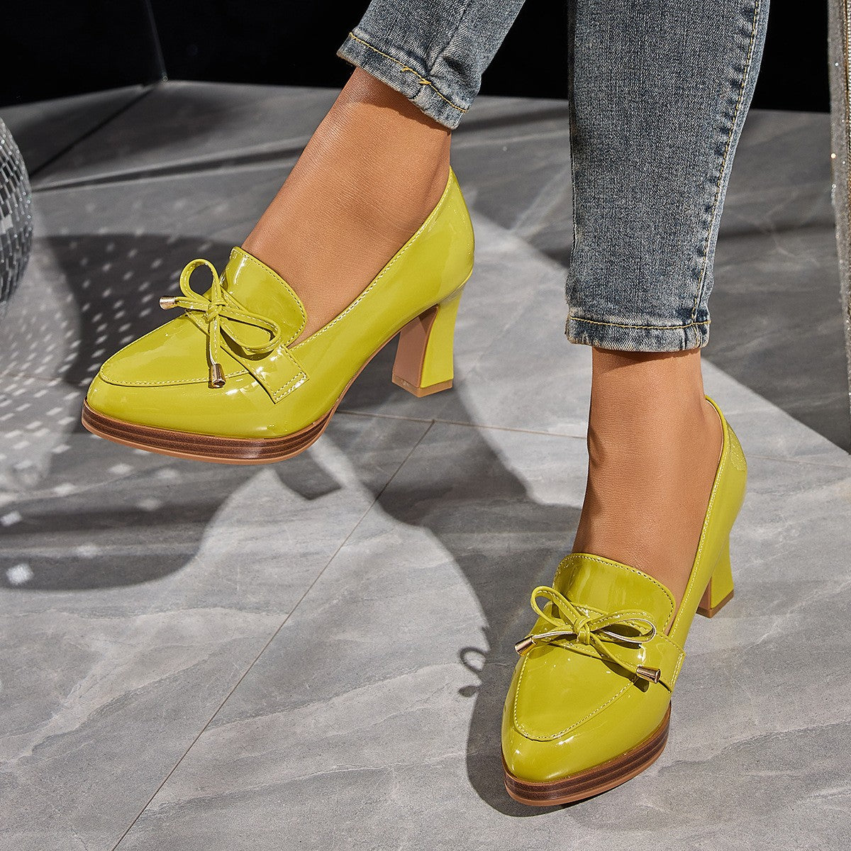 Bow Detail Patent Platform Heeled Loafers
