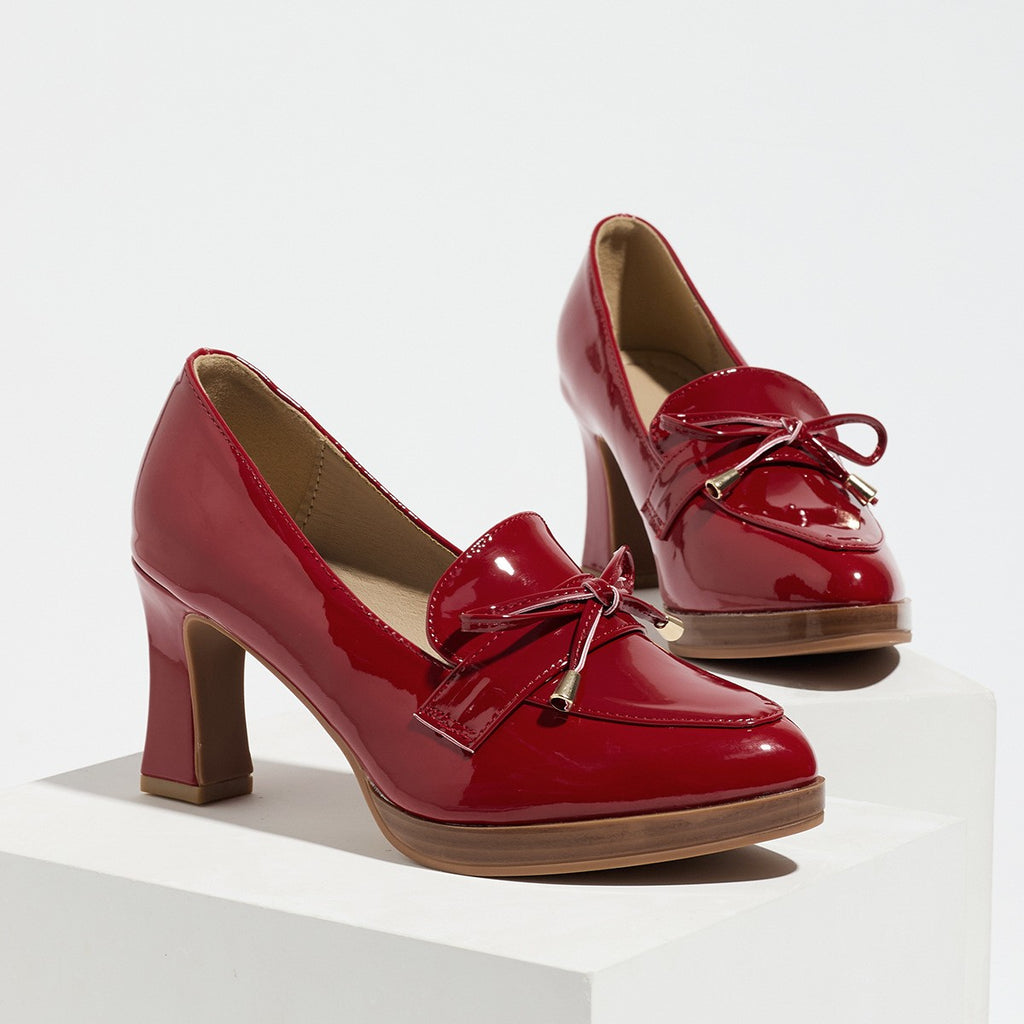 Bow Detail Patent Platform Heeled Loafers