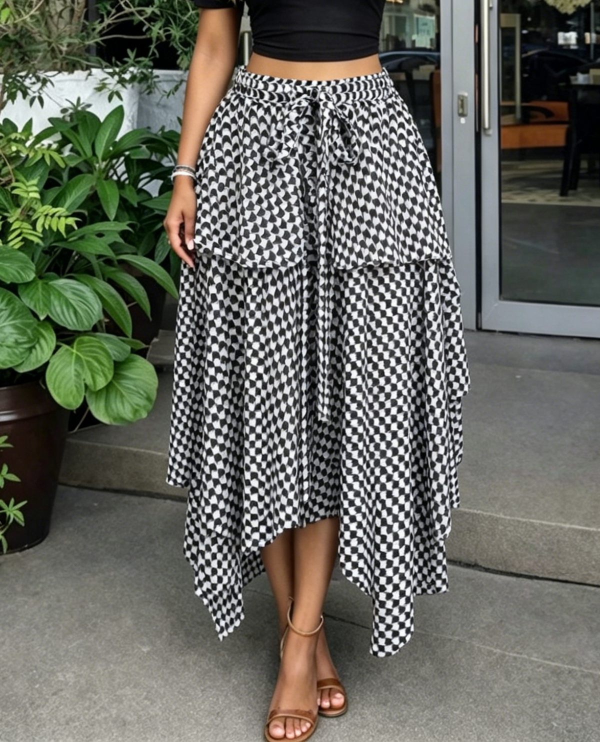 Gingham Maxi Skirt With Handkerchief Hem - Black