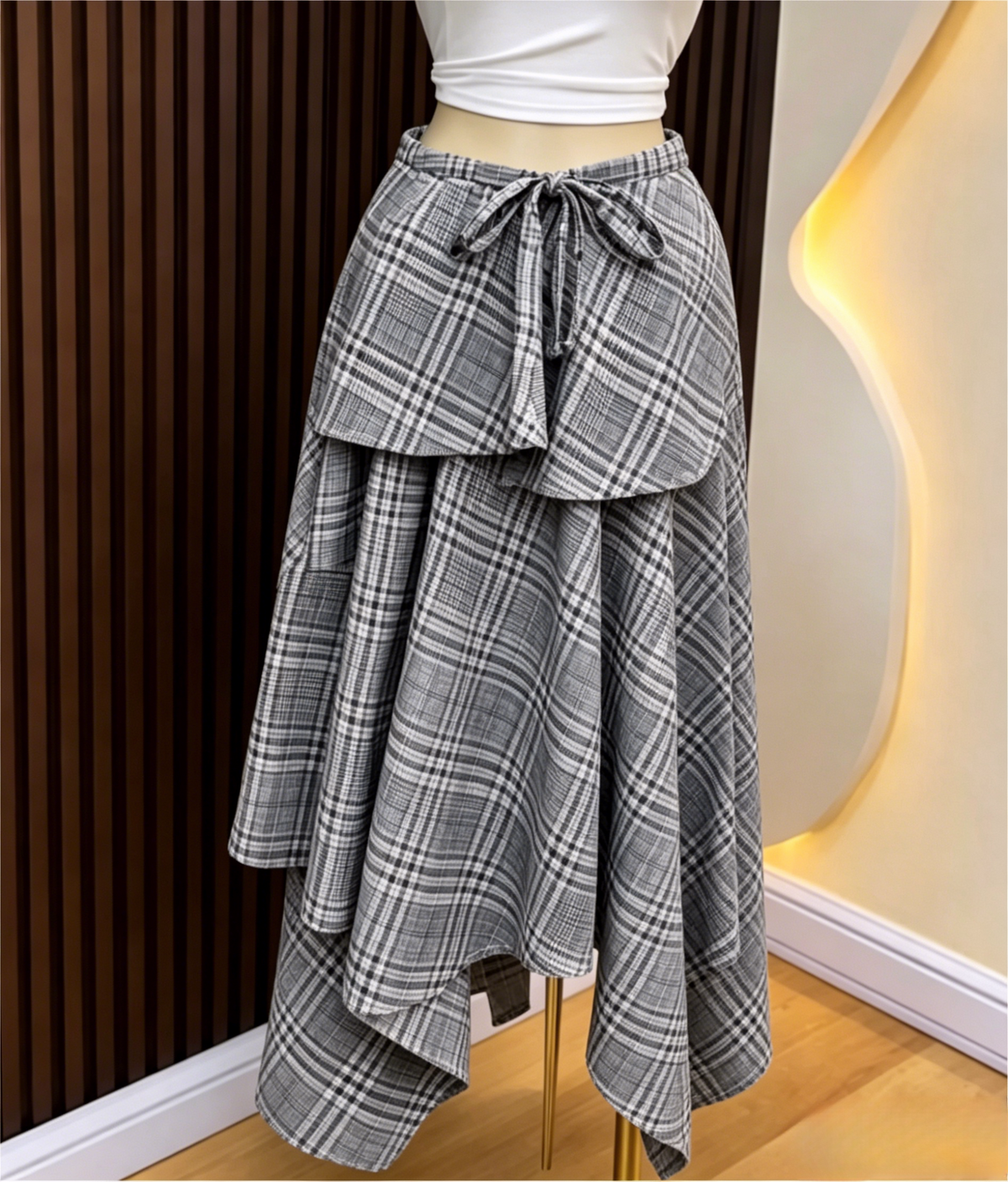 Gingham Maxi Skirt With Handkerchief Hem - Grey