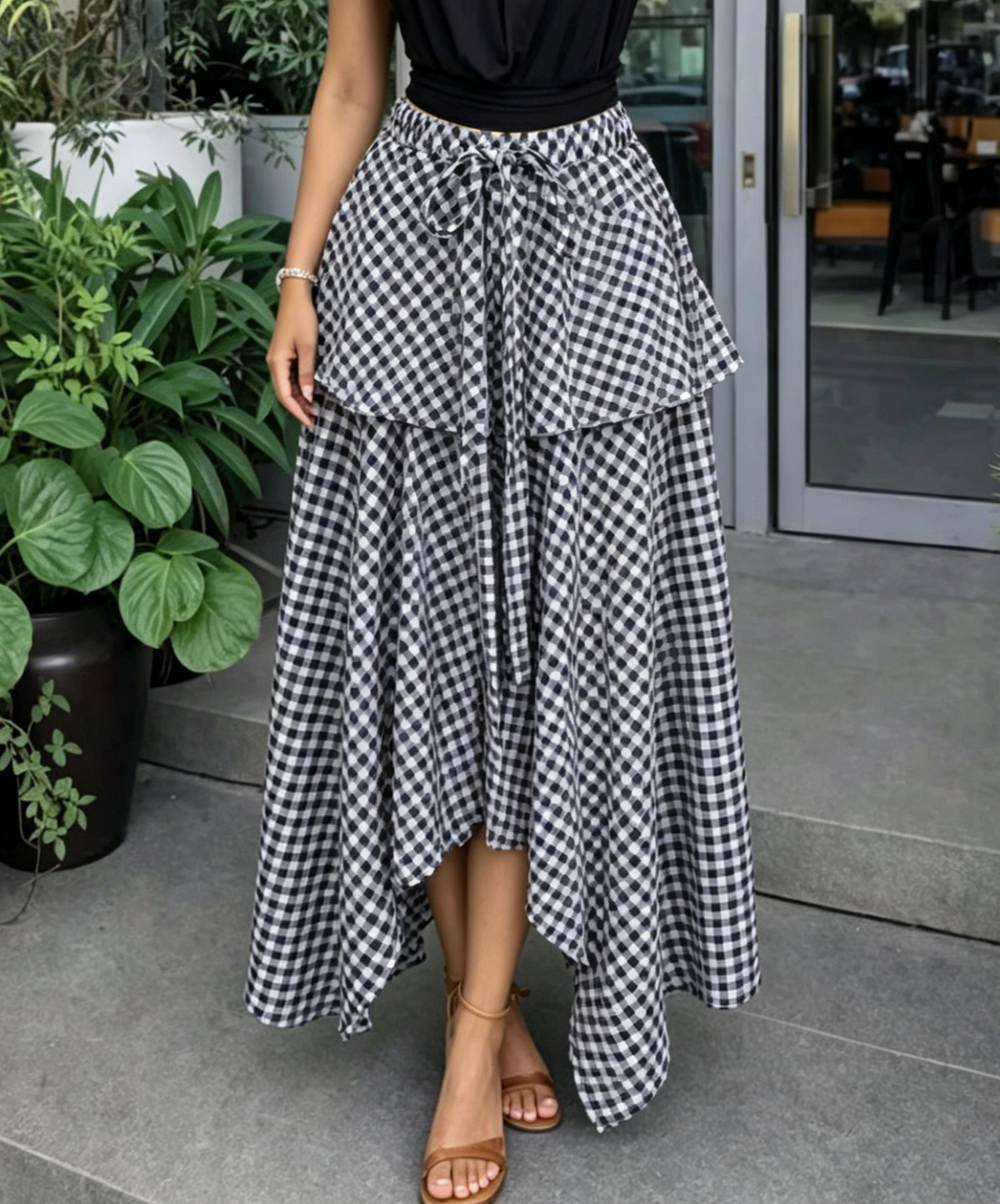 Gingham Maxi Skirt With Handkerchief Hem - Plaid - 3