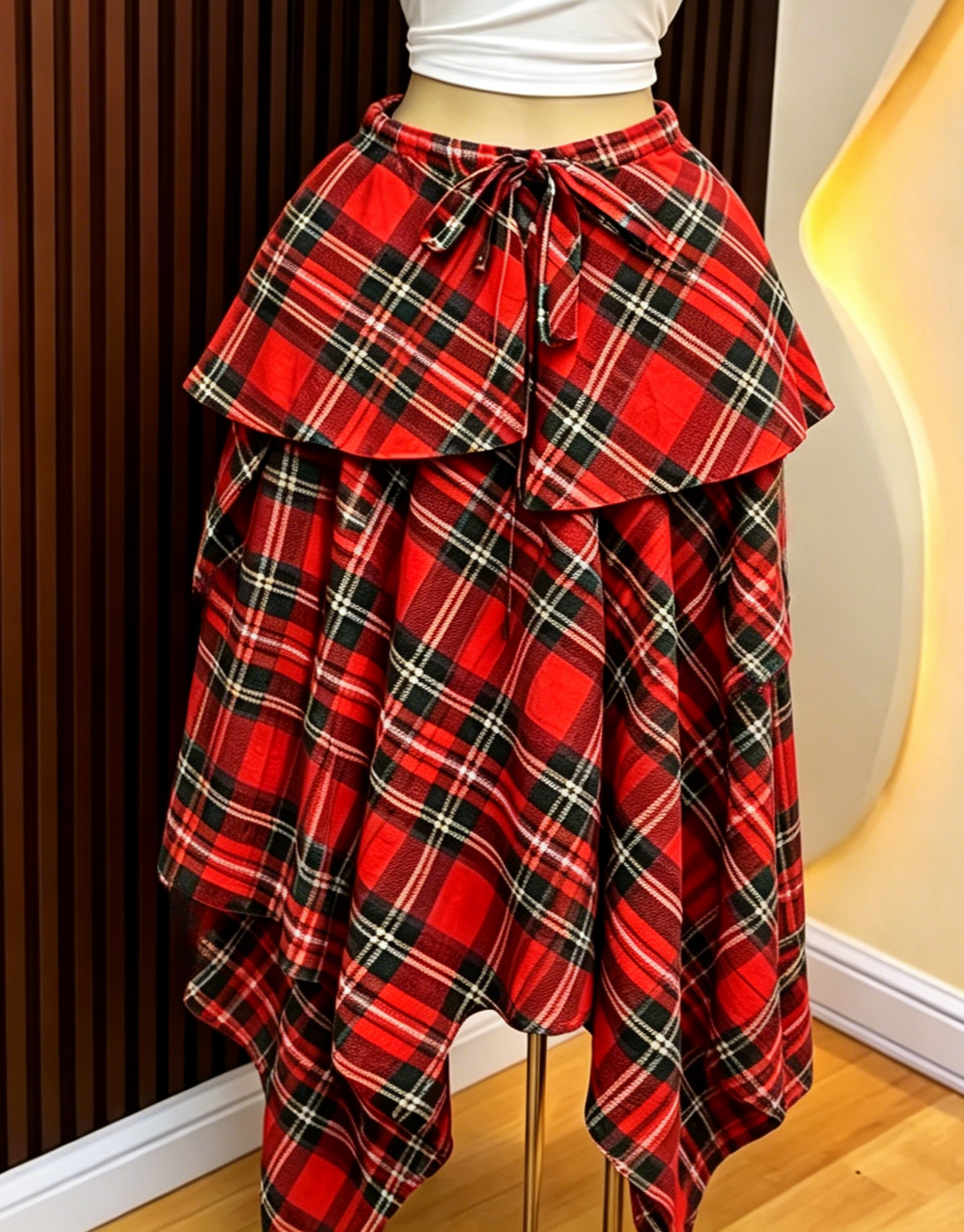 Gingham Maxi Skirt With Handkerchief Hem - Red