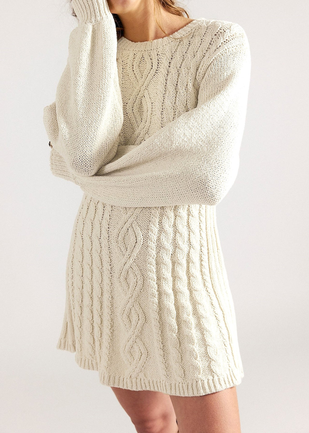 Cable Knit Mini Sweater Dress With Flared Skirt - Apricot - 1