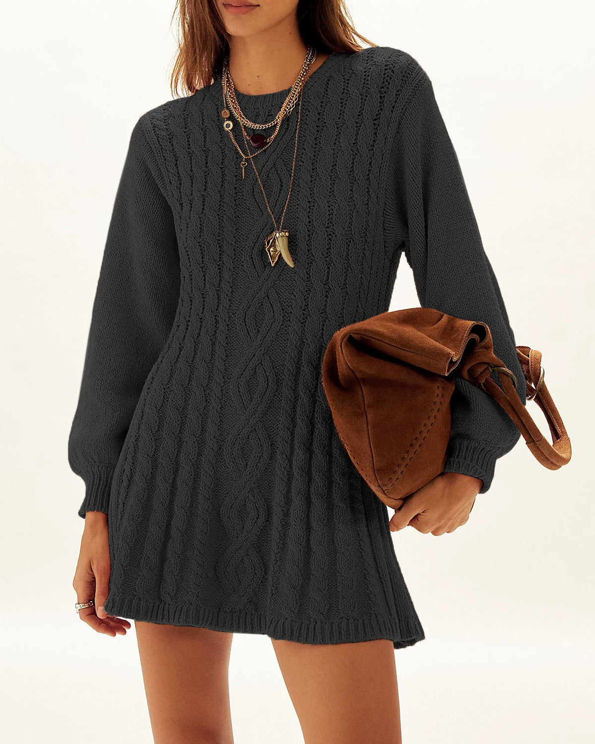 Cable Knit Mini Sweater Dress With Flared Skirt - Black
