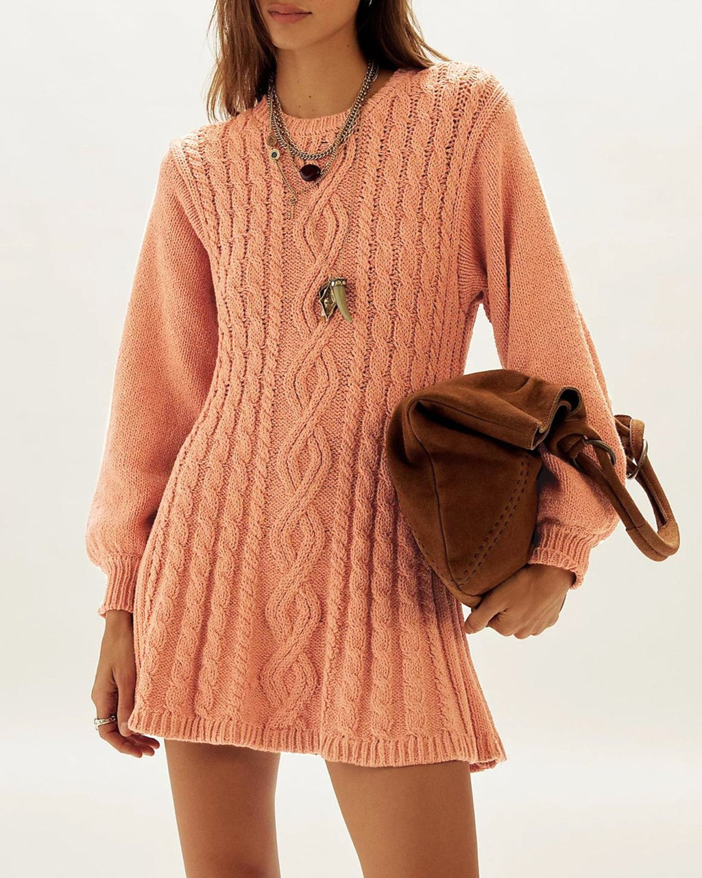 Cable Knit Mini Sweater Dress With Flared Skirt - Orange
