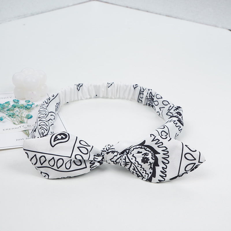 Paisley Bunny Ear Knot Elastic Headband - White