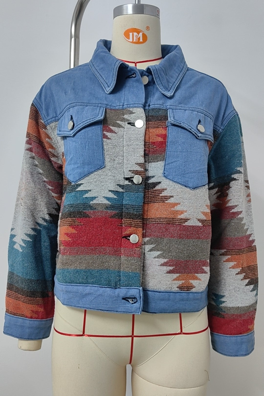 Southwest Aztec Print Cropped Denim Jacket - Blue