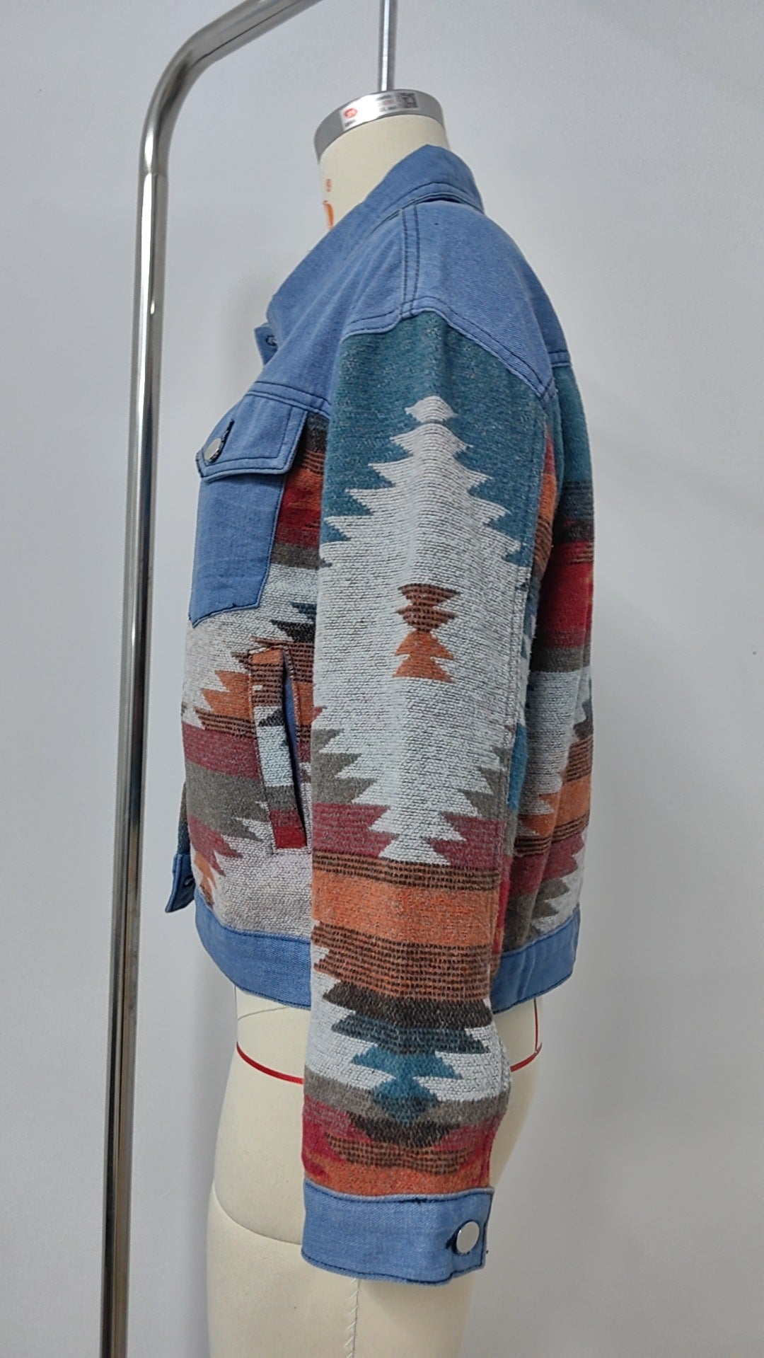 Southwest Aztec Print Cropped Denim Jacket - Blue - 1