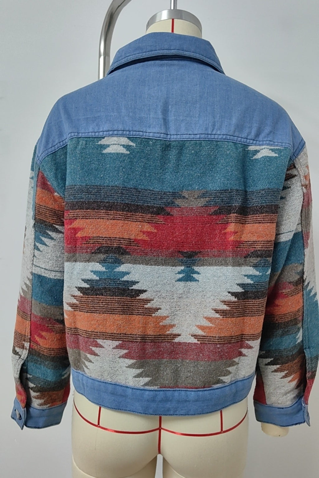 Southwest Aztec Print Cropped Denim Jacket - Blue - 2