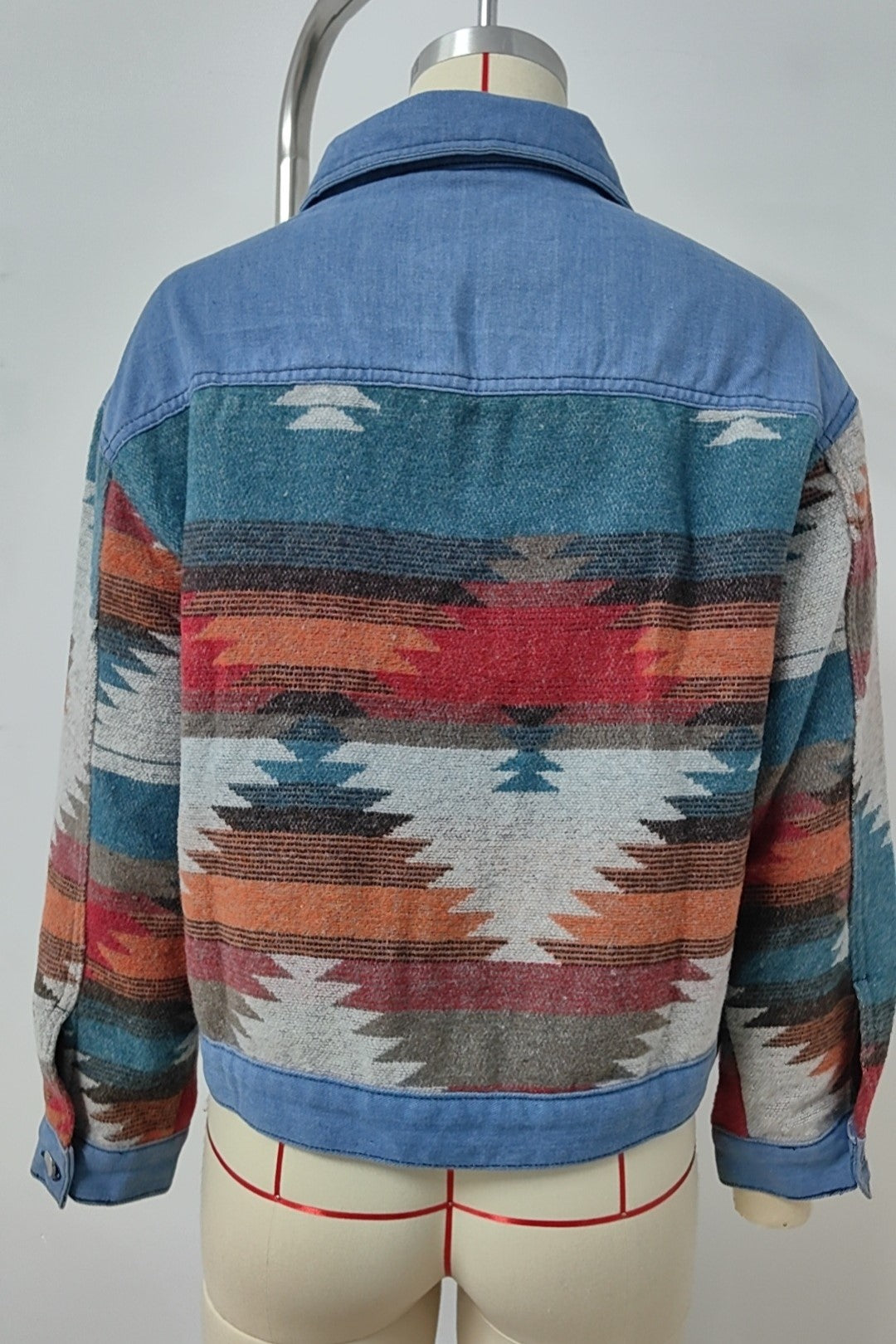 Southwest Aztec Print Cropped Denim Jacket - Blue - 2