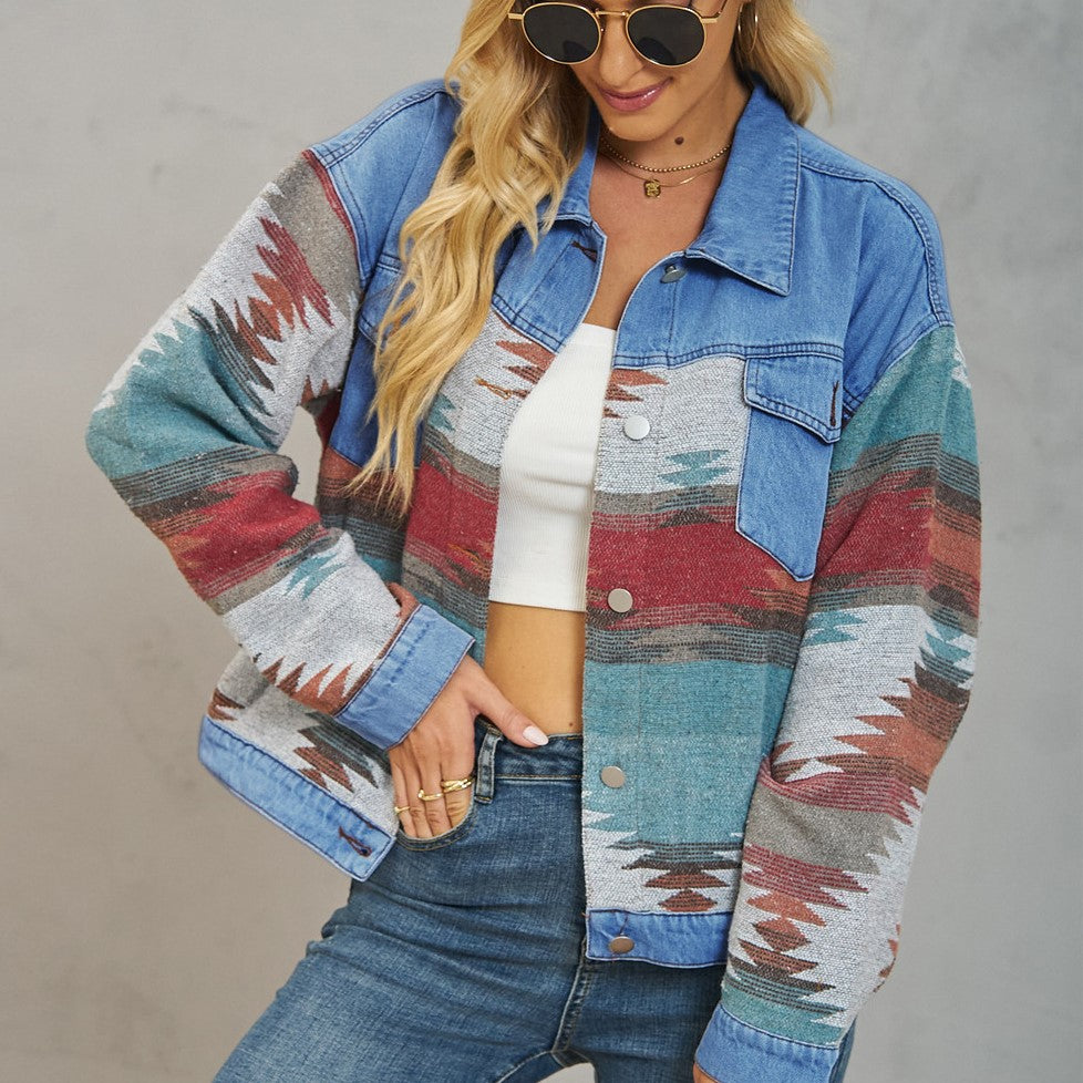 Southwest Aztec Print Cropped Denim Jacket - Blue - 4
