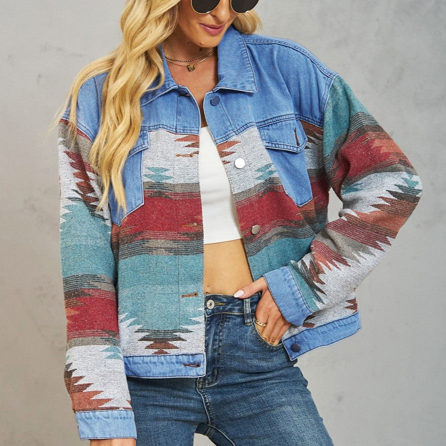 Southwest Aztec Print Cropped Denim Jacket - Blue - 5
