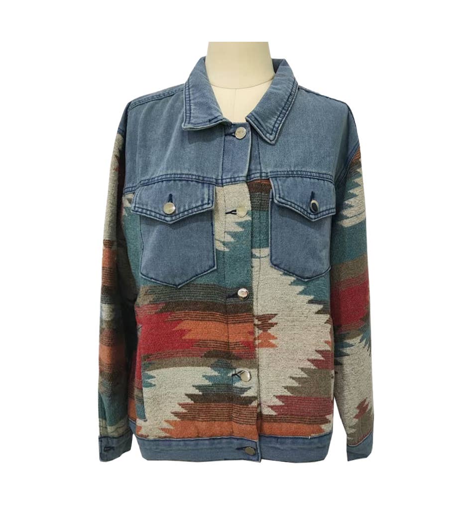 Southwest Aztec Print Cropped Denim Jacket