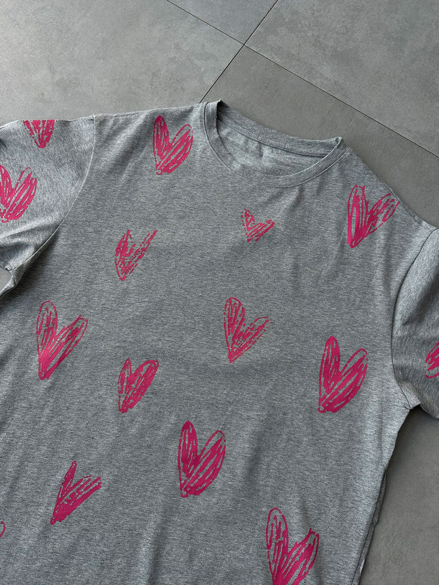 Sketched Heart Print Oversized Cotton Tunic - Grey - 1