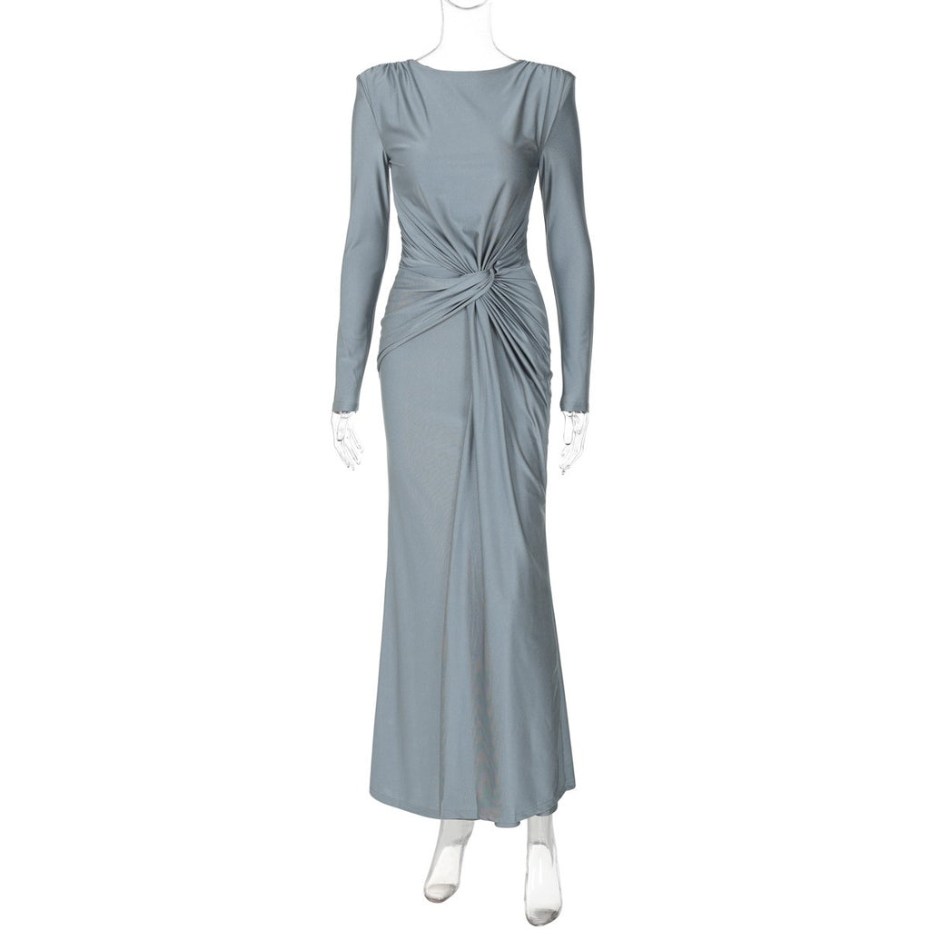 Ruched Satin Twist Front Long Sleeve Maxi Gown - Gray