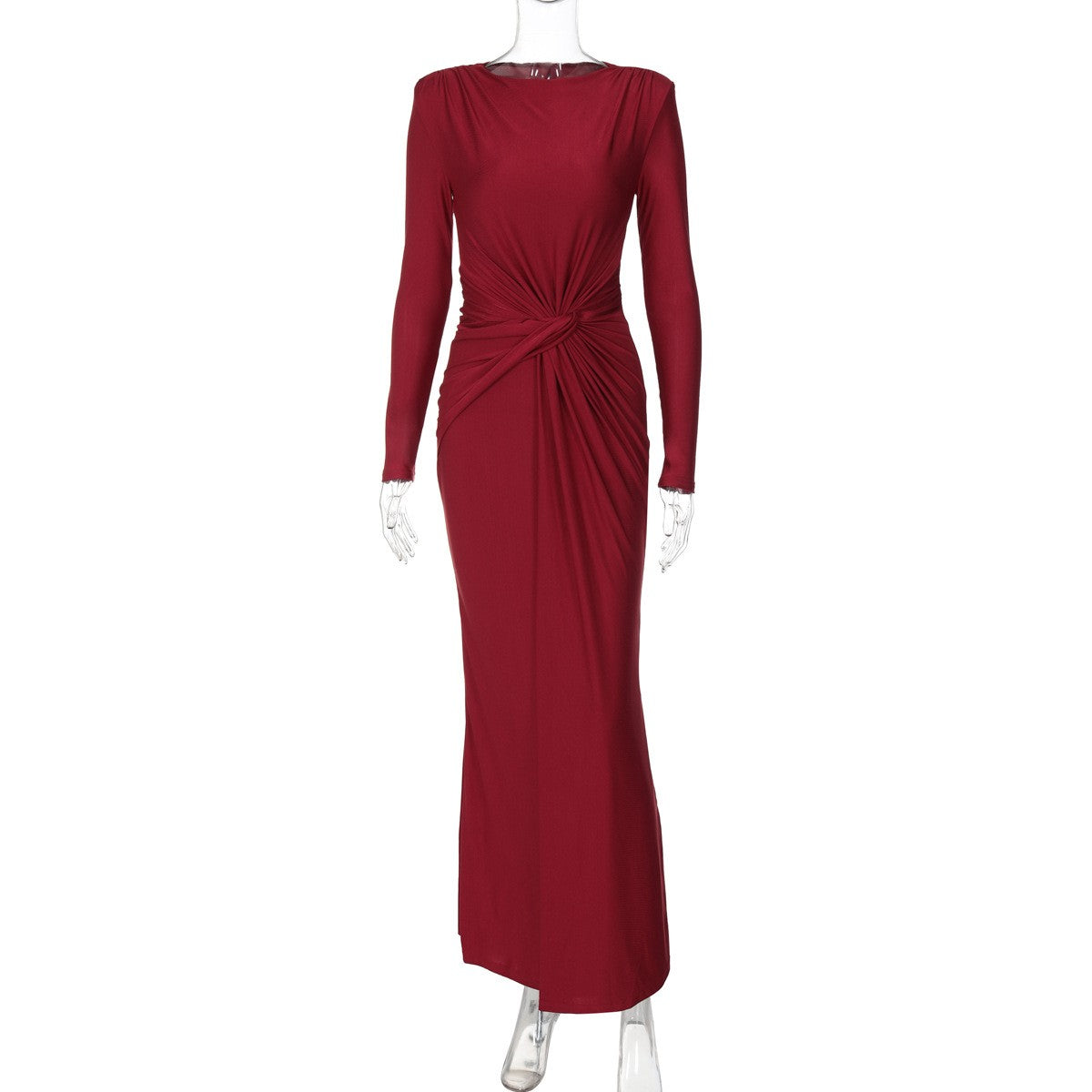Ruched Satin Twist Front Long Sleeve Maxi Gown - Wine Red