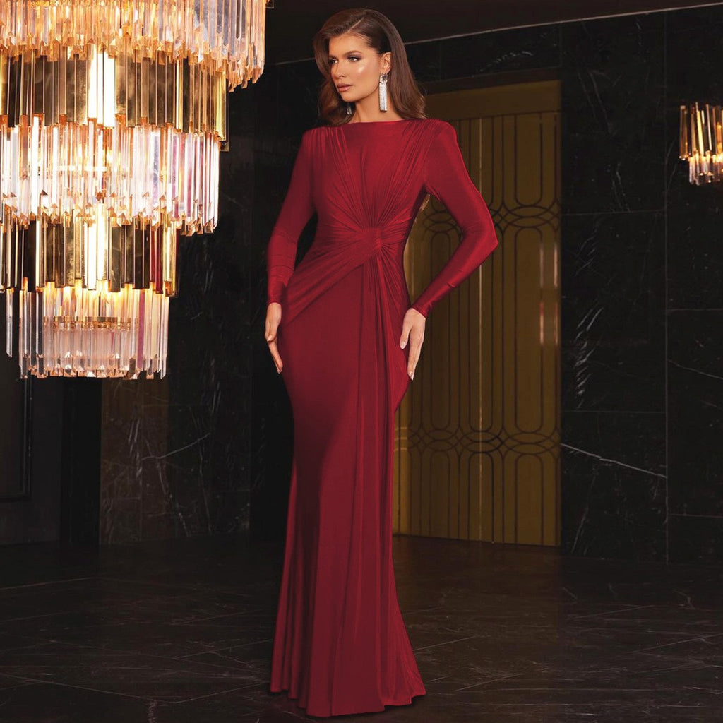 Ruched Satin Twist Front Long Sleeve Maxi Gown